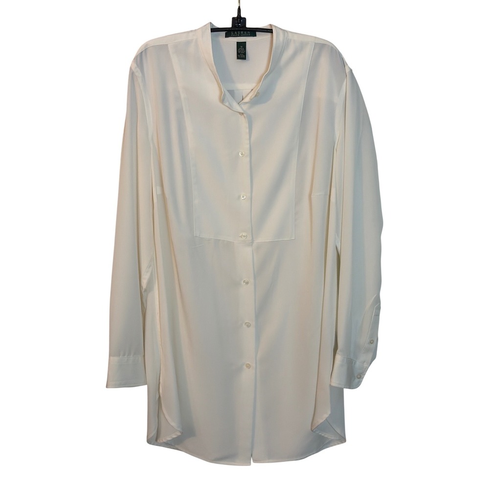 Lauren Ralph Lauren Cream White Bib Front Band Collar Tunic Blouse 1X